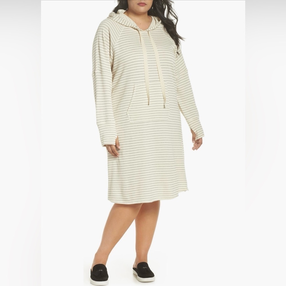 Caslon French Terry Hooded Stripe Dress with Kangaroo Pocket in Size 3X
